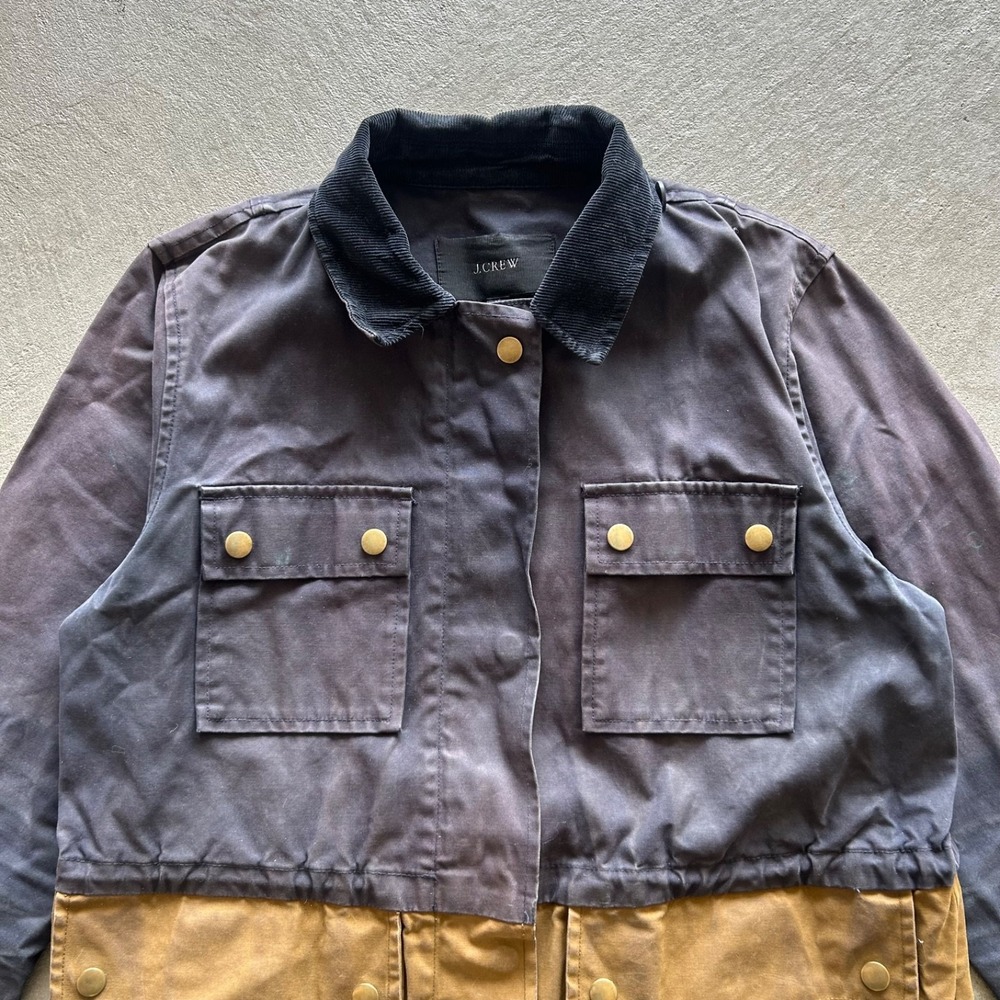J.Crew Waxed Cotton Long Field Work Jacket Size XS Navy Blue Brown Parka 02745 - Picture 2 of 9
